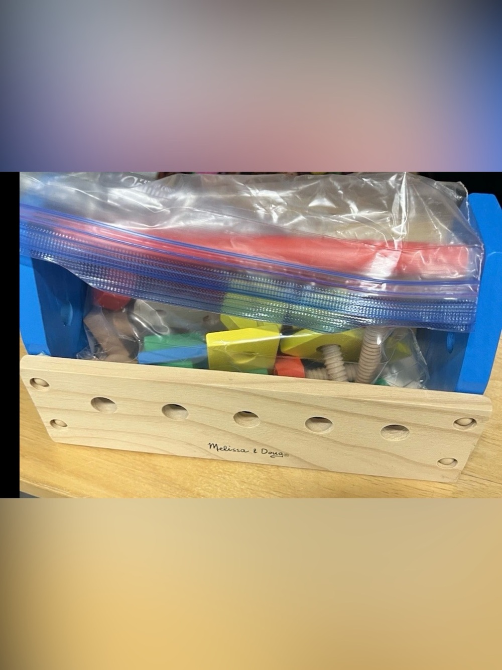 Melissa & Doug Natural Wood Carry Caddy with Blue Ends and Multicolor Pieces